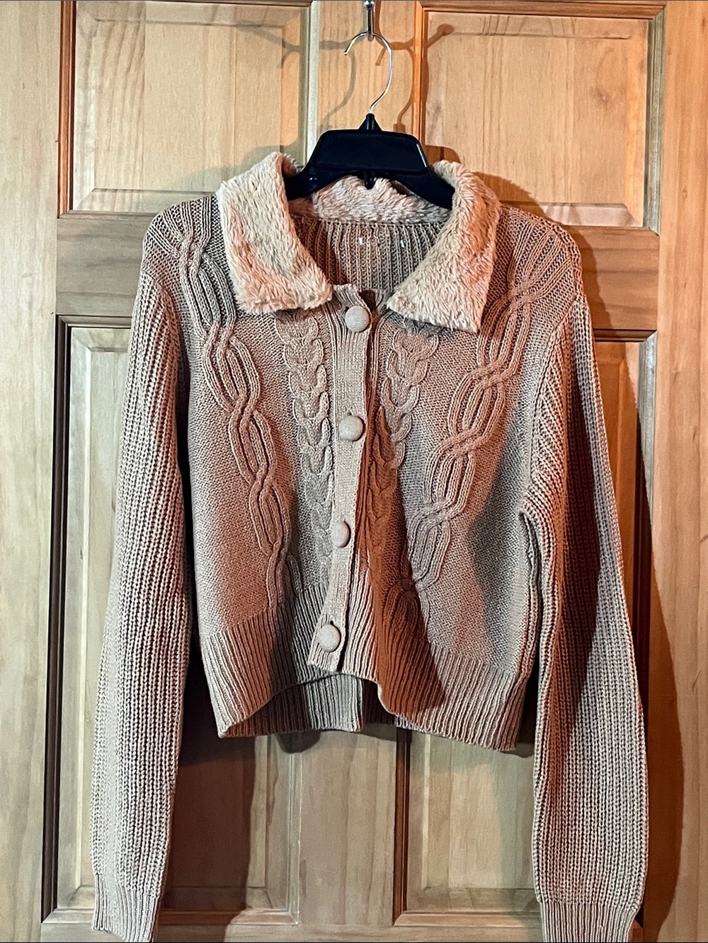Faux-Fur Collar Cable Knit Cardigan Sweater - Orange/Brown